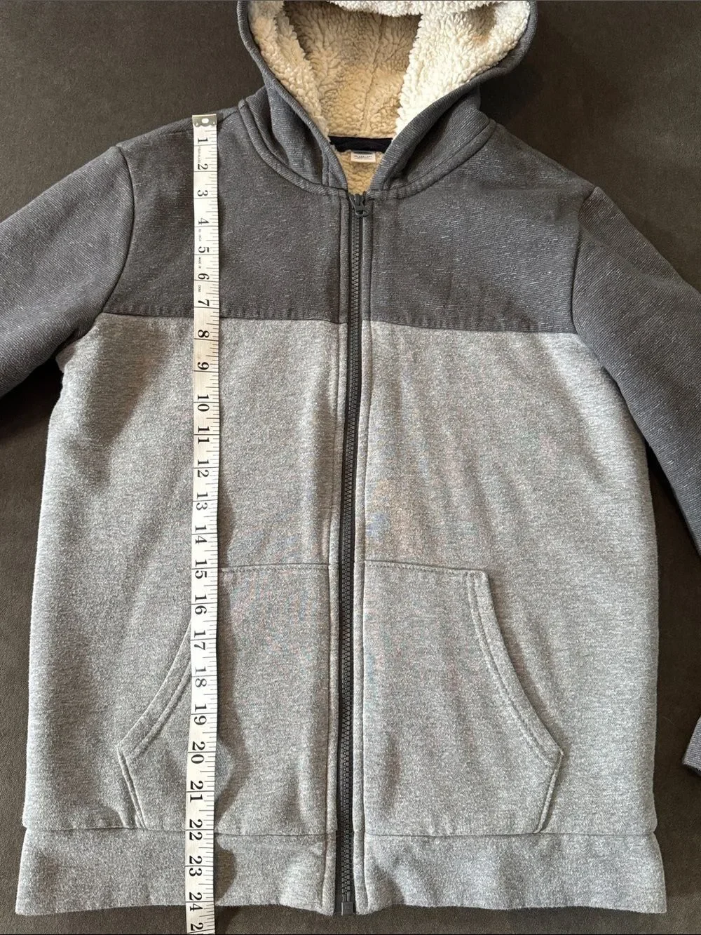 Old Navy Kids Gray Zip-Up Hoodie Sweatshirt Cream Sherpa Lining Size XL 14-16
